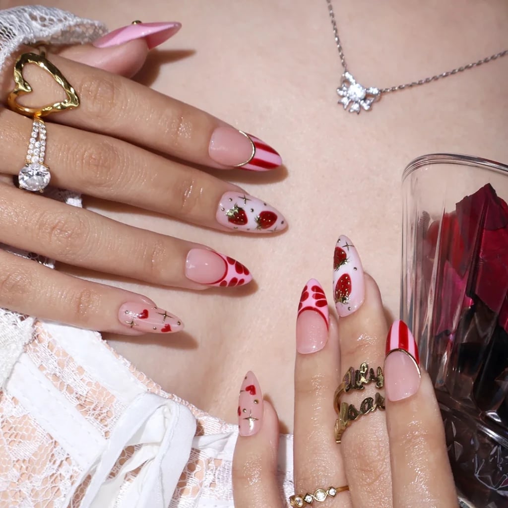 Medium Almond Nude Pink Strawberry Heart Nails Medium Almond Nude Pink Strawberry Heart Nails — Date Night Nails