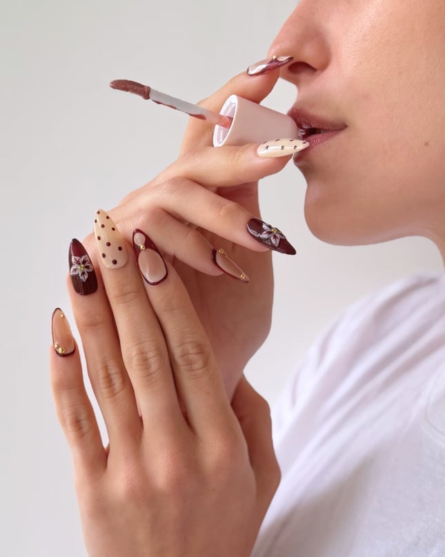 Long Almond Beige Brown Floral Polka Dot Nails Long Almond Beige Brown Floral Polka Dot Nails — Date Night Nails