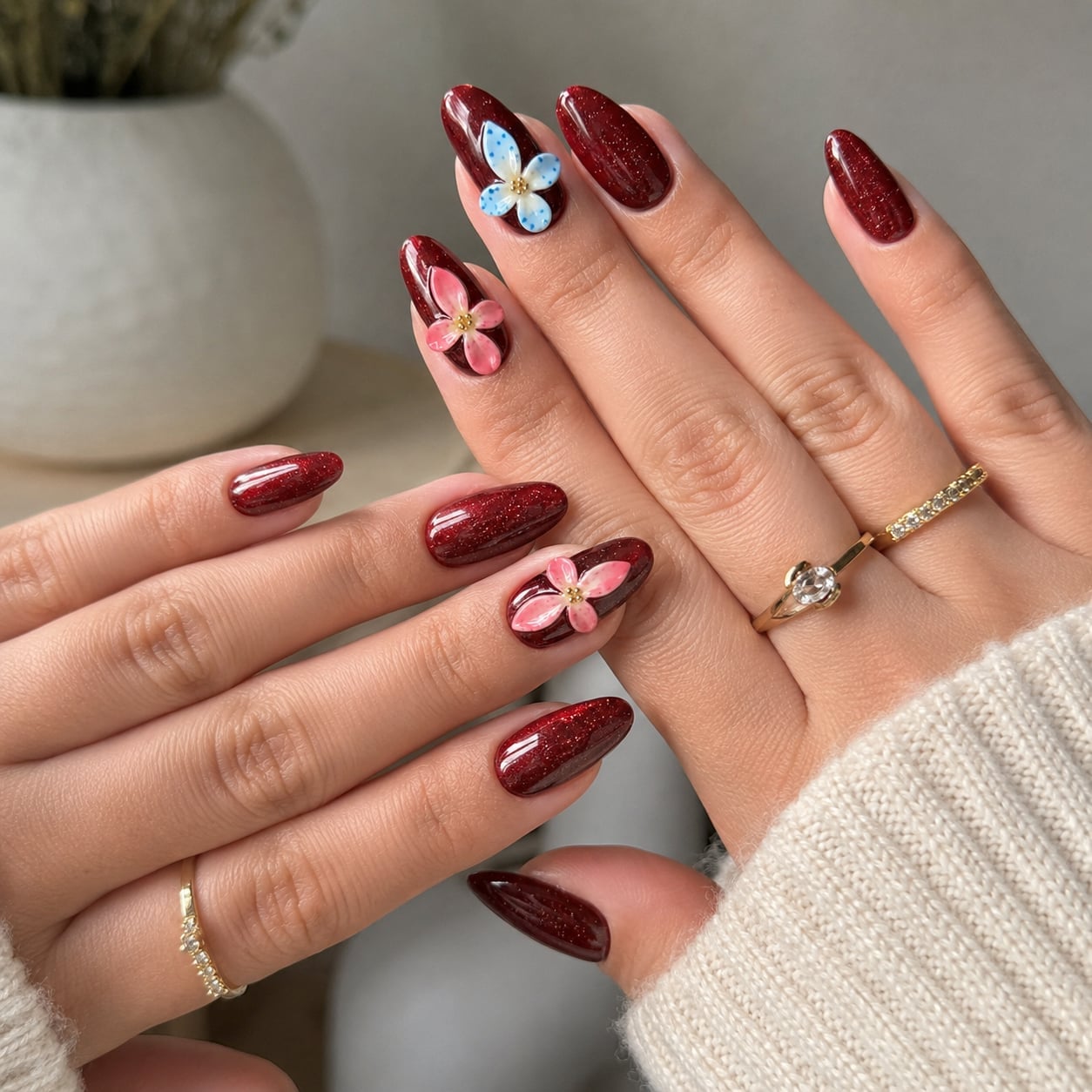 Medium Length Almond Burgundy Shimmer Floral Nails Medium Length Almond Burgundy Shimmer Floral Nails — Date Night Nails