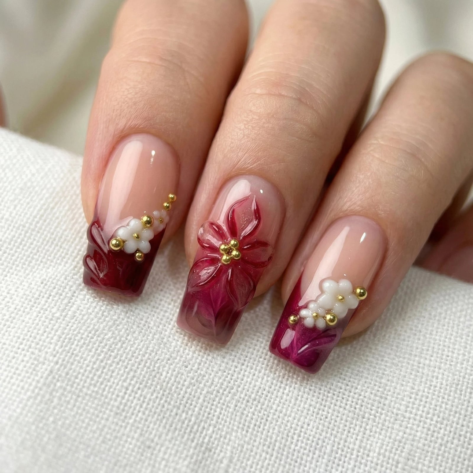 Almond Nude Burgundy French 3D Floral Nails Almond Nude Burgundy French 3D Floral Nails — Date Night Nails