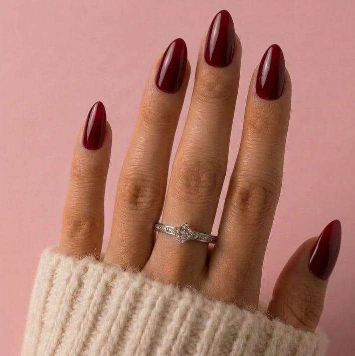 Medium Almond Deep Glossy Plum Nails Medium Almond Deep Glossy Plum Nails — Date Night Nails