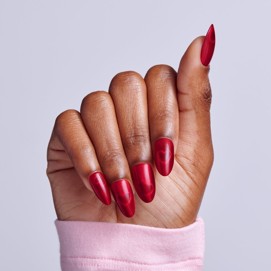 Medium Oval Metallic Red Heart Nails Medium Oval Metallic Red Heart Nails — Date Night Nails