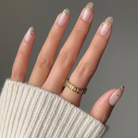 Medium Almond Sheer Pink Gold Foil Tip Nails, Glossy Medium Almond Sheer Pink Gold Foil Tip Nails, Glossy — Date Night Nails