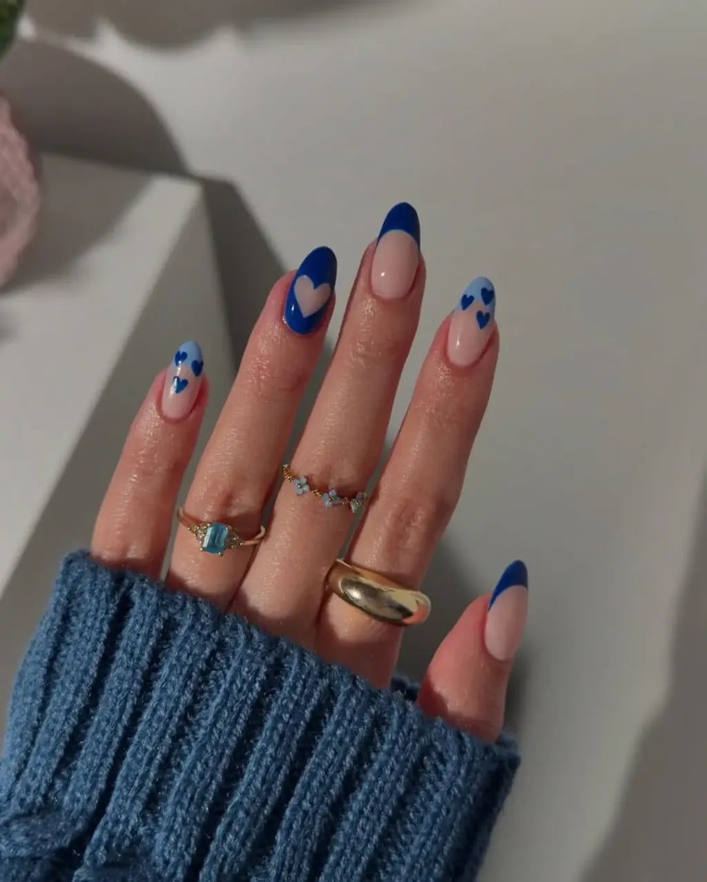 Medium Almond Nude Blue French Heart Nails Medium Almond Nude Blue French Heart Nails — Date Night Nails