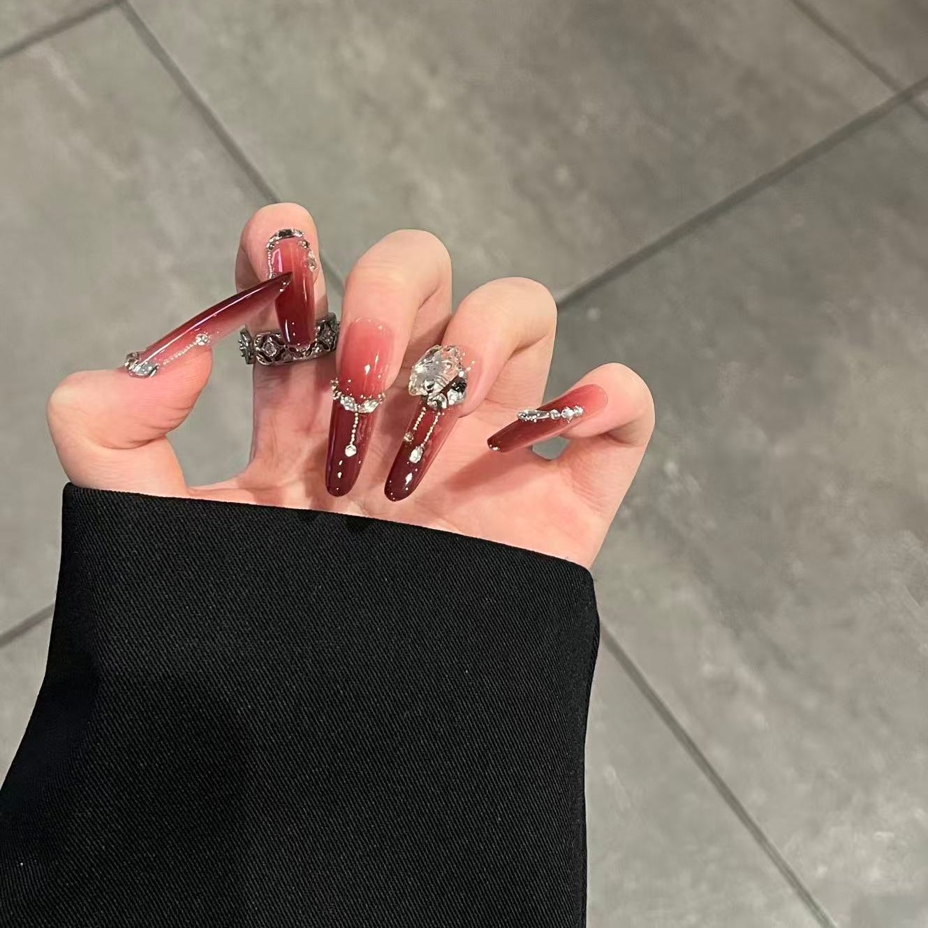 Long Stiletto Red Pink Gradient Charm Nails Long Stiletto Red Pink Gradient Charm Nails — Date Night Nails