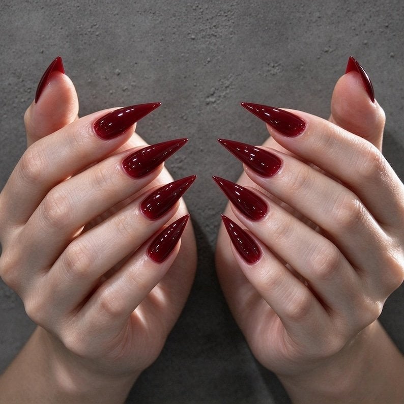 Glossy Dark Cherry Red Stiletto Nails Glossy Dark Cherry Red Stiletto Nails — Date Night Nails