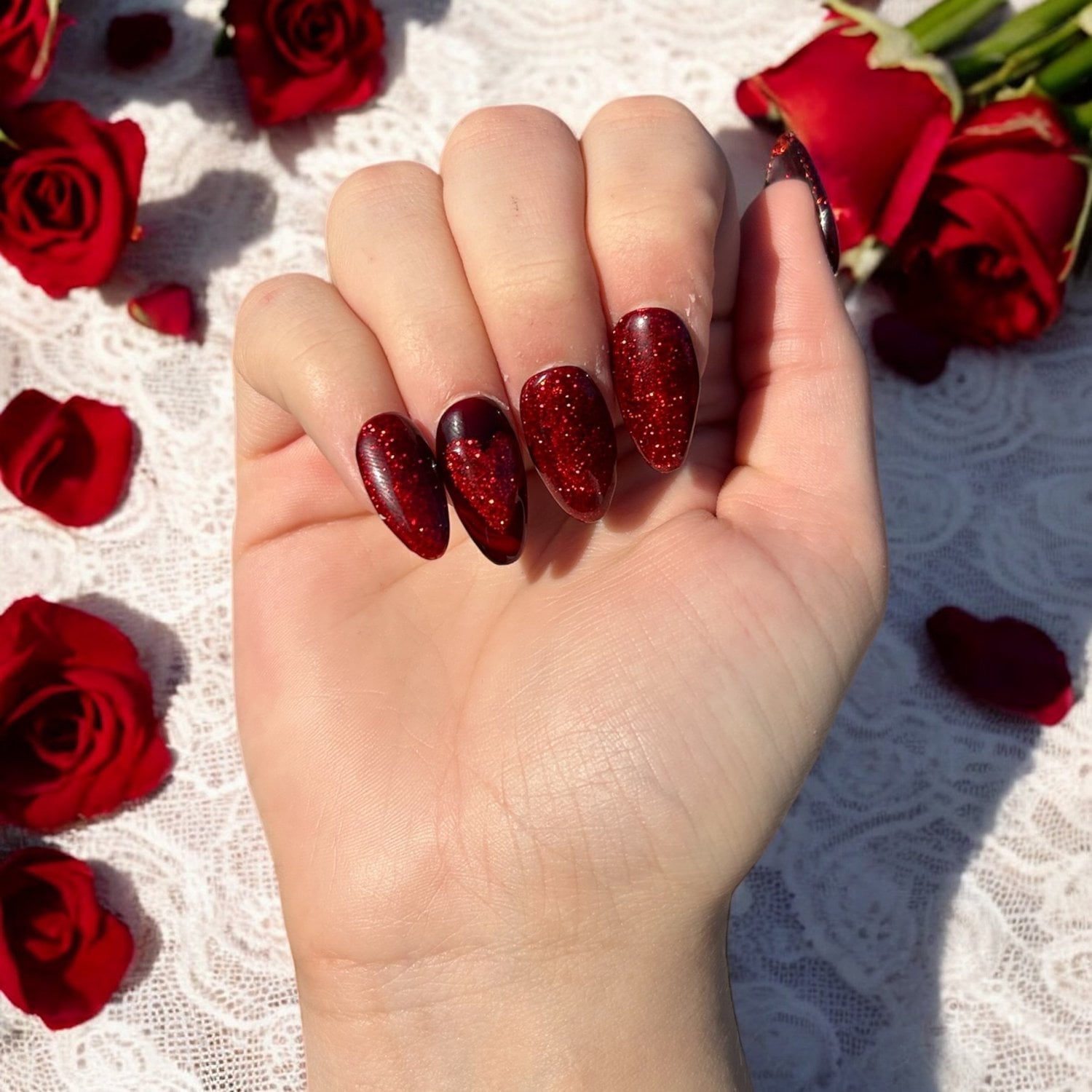 Medium Almond Glitter Red Nails Medium Almond Glitter Red Nails — Date Night Nails