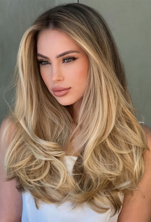 Mid-Back Layers With Curtain Bangs And Soft Waves — Dimensional Blonde