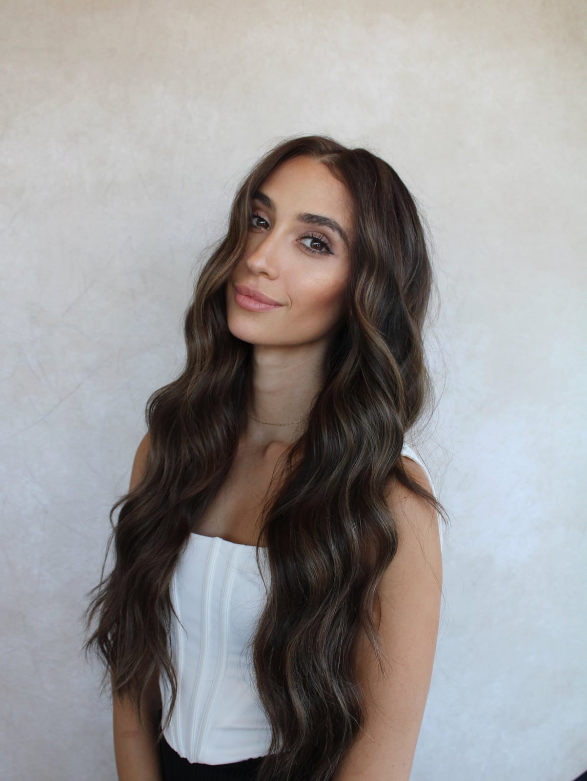 Long Medium Brown With Caramel Highlights And Curtain Bangs, Wavy — Dimensional Brunette