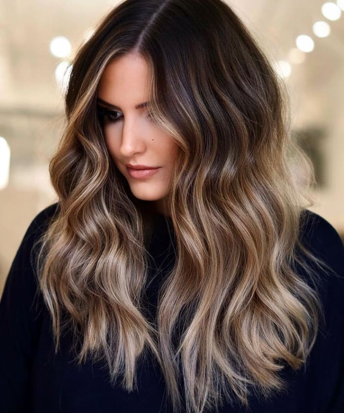 Mid-Back Dark Brown With Blonde Balayage — Dimensional Brunette