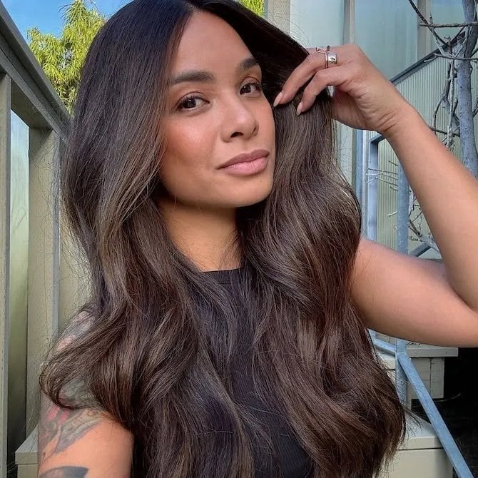 Dark Brown With Copper Caramel Highlights Voluminous Blowout, Mid-Back — Dimensional Brunette