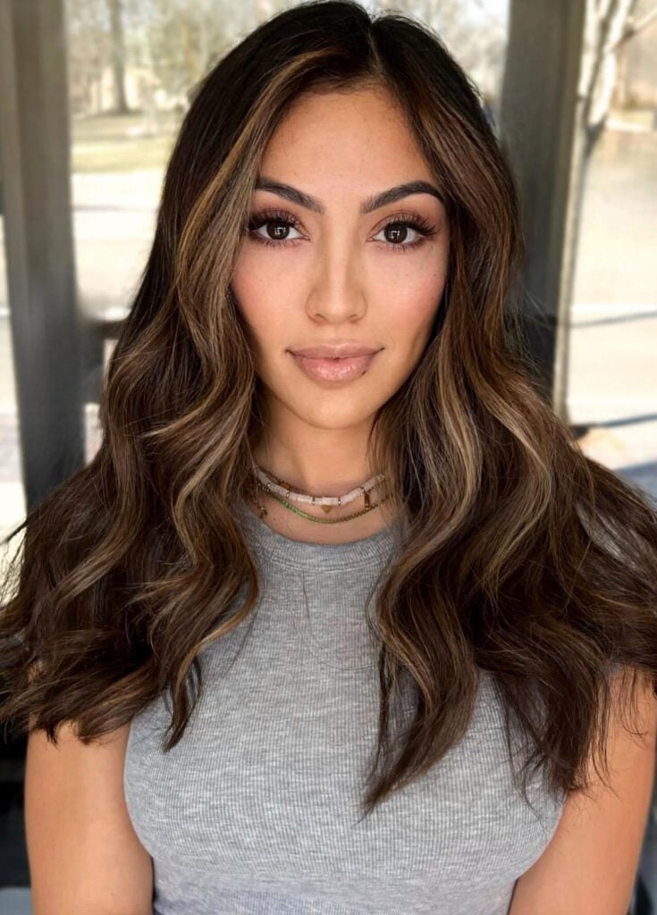 Dark Brown Mid-Back With Caramel Highlights And Curtain Bangs — Dimensional Brunette