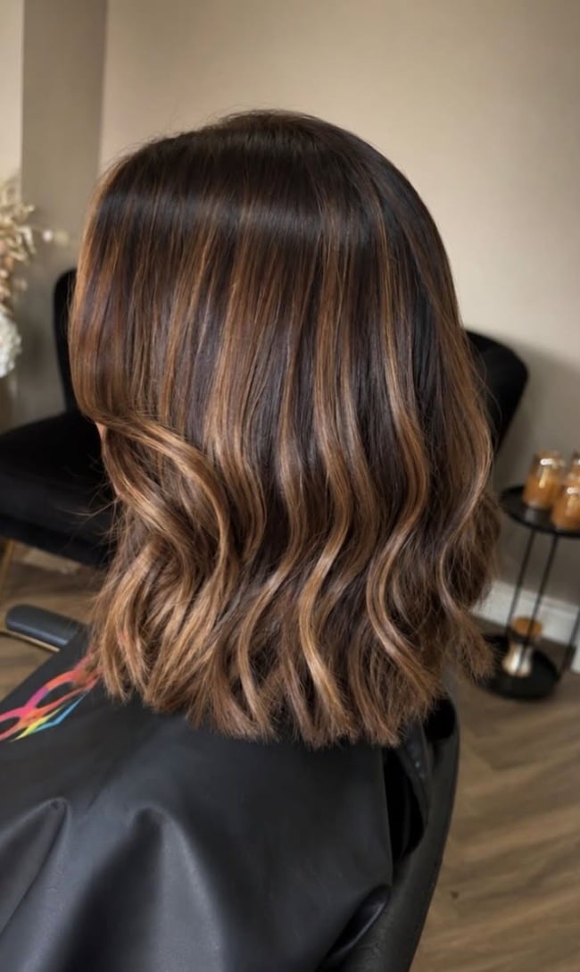 Chin Length Dark Chocolate Bob With Honey Caramel Balayage — Dimensional Brunette