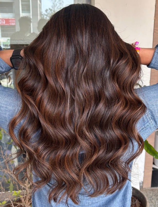 Mid-Back Cinnamon Brown With Auburn Balayage — Dimensional Brunette