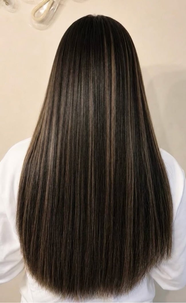 Mid-Back Dark Brown With Fine Caramel Highlights Straight Cut — Dimensional Brunette