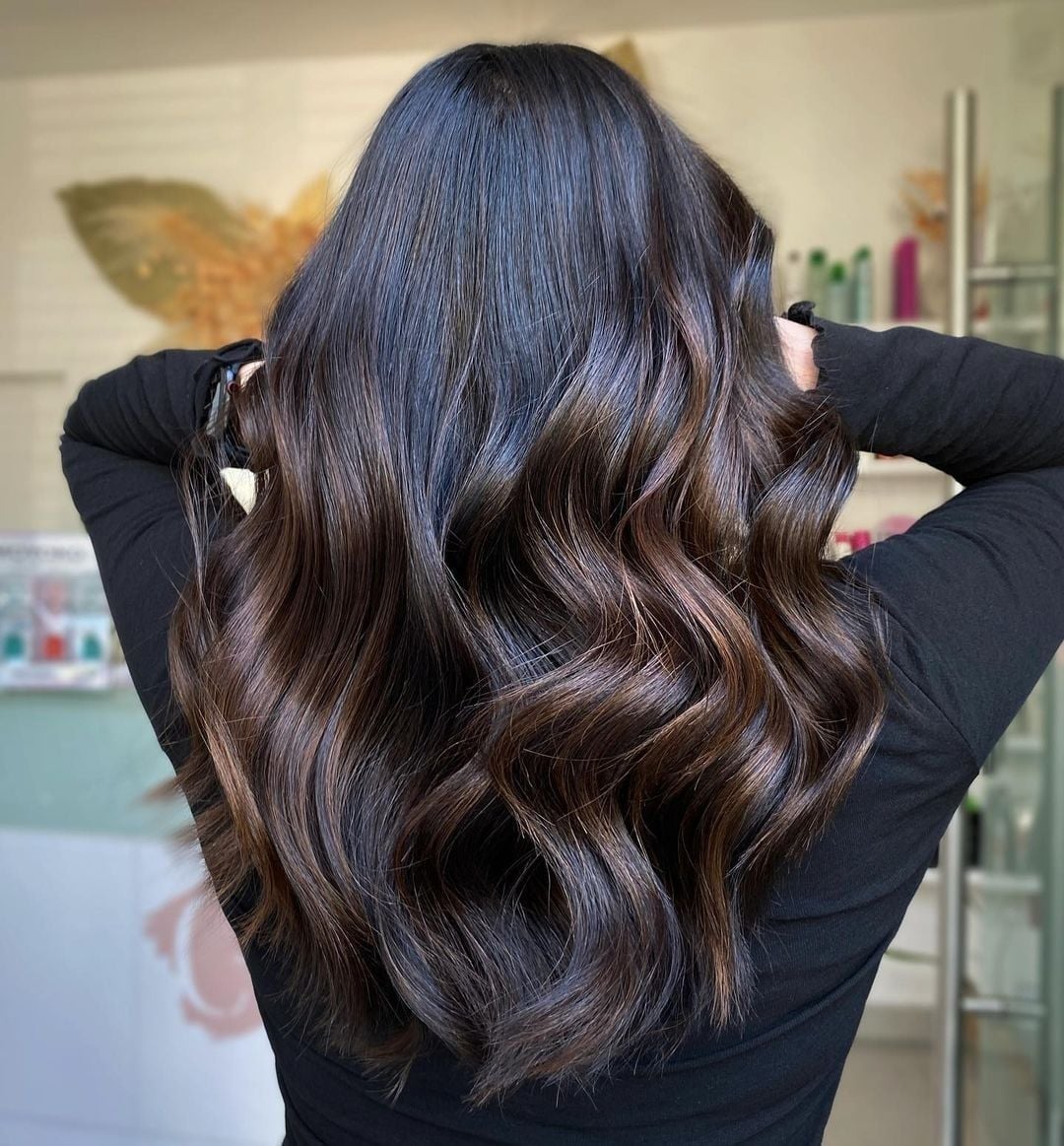 Deep Brown With Caramel Ash Highlights And Curtain Bangs — Dimensional Brunette