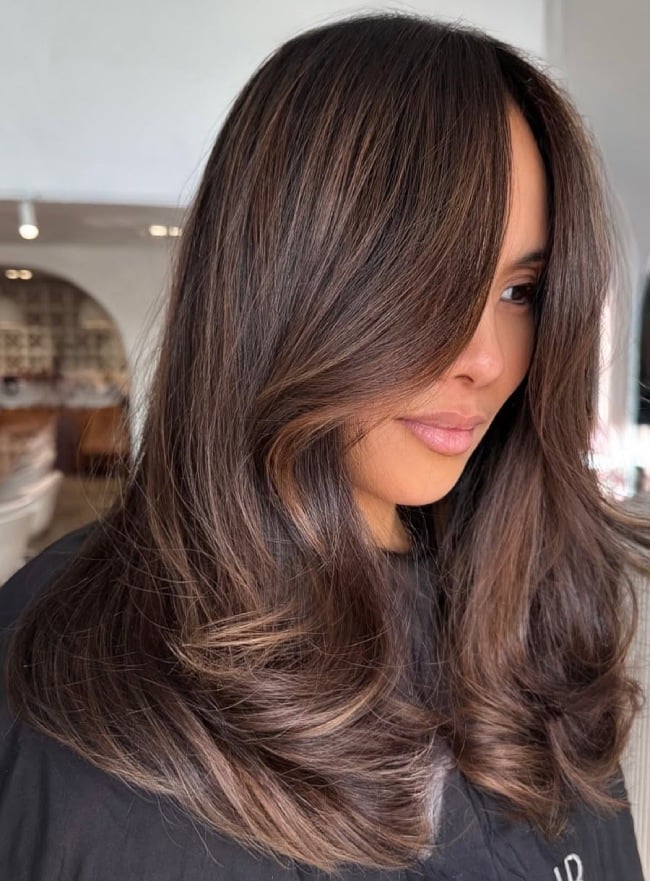 Collarbone Mocha Brown With Subtle Highlights And Side-Swept Bangs — Dimensional Brunette