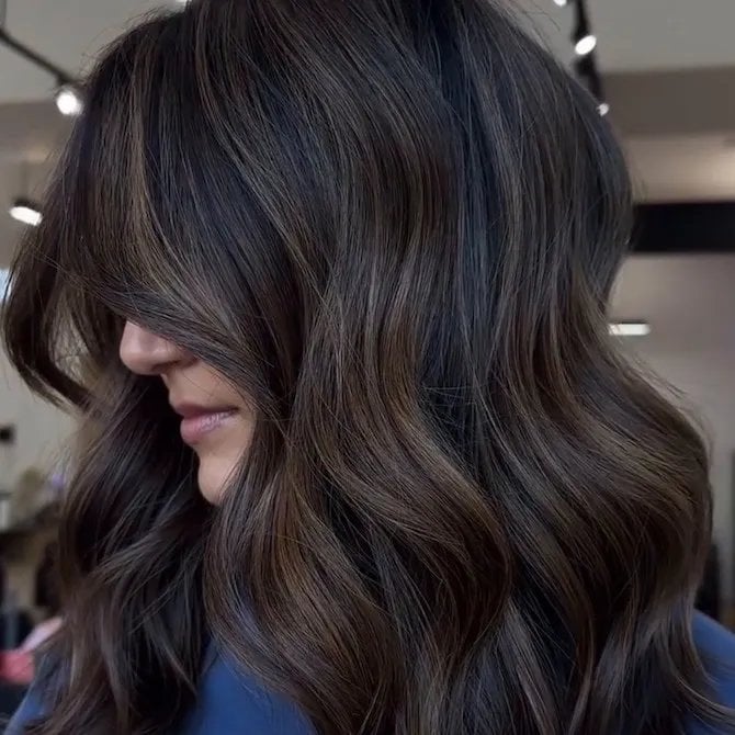 Collarbone Deep Brunette With Caramel Ash Highlights — Dimensional Brunette