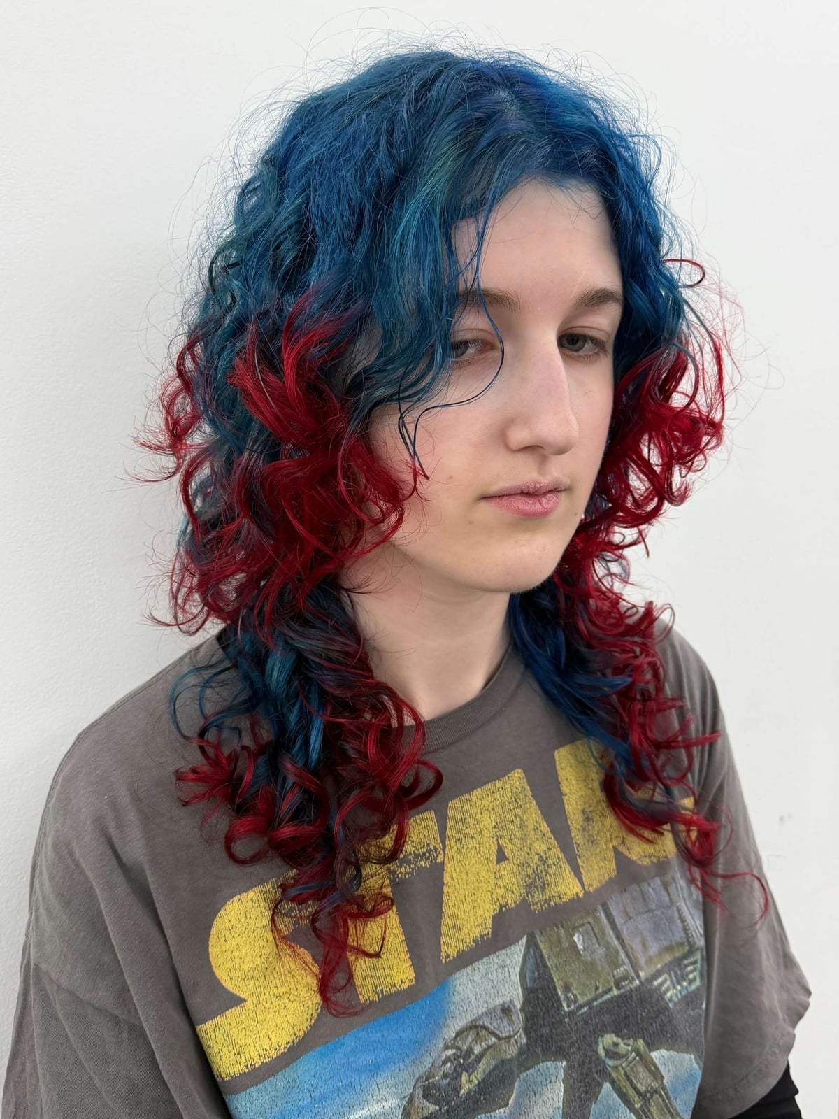 Blue Curly Hair With Red Dip Dye — Dip Dye Hair