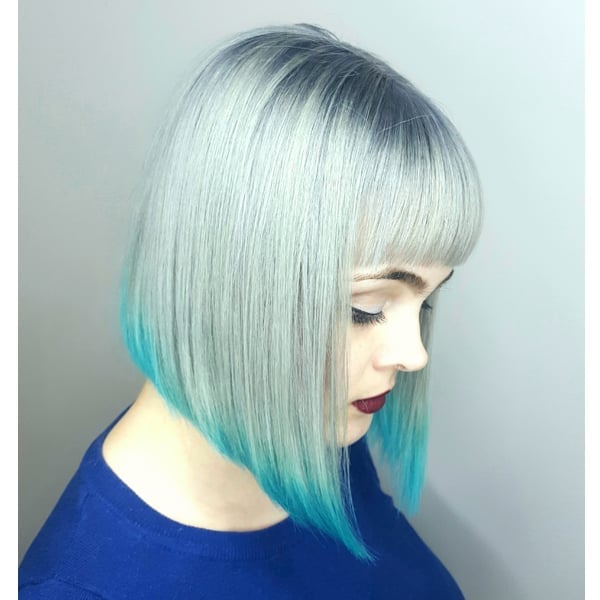 Angled Bob With Teal Dip Dye Bangs — Dip Dye Hair