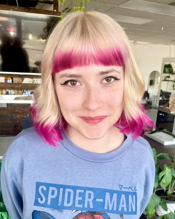 Blonde Lob With Pink Dip Dye Bangs — Dip Dye Hair