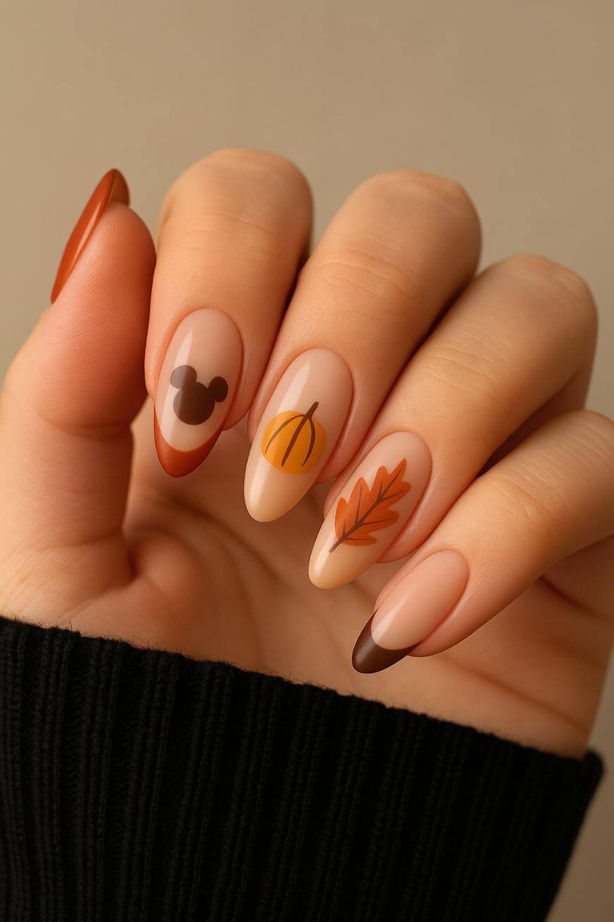 Long Oval Nude with Fall Accents Long Oval Nude with Fall Accents — Disney Nails