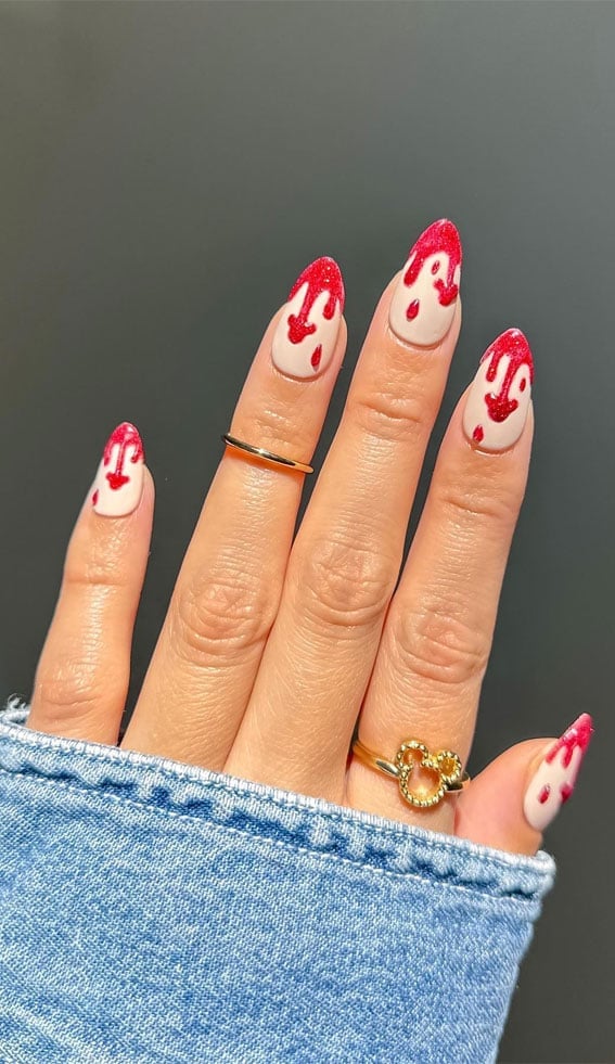 Medium Almond Nude with Red Dripping Medium Almond Nude with Red Dripping — Disney Nails