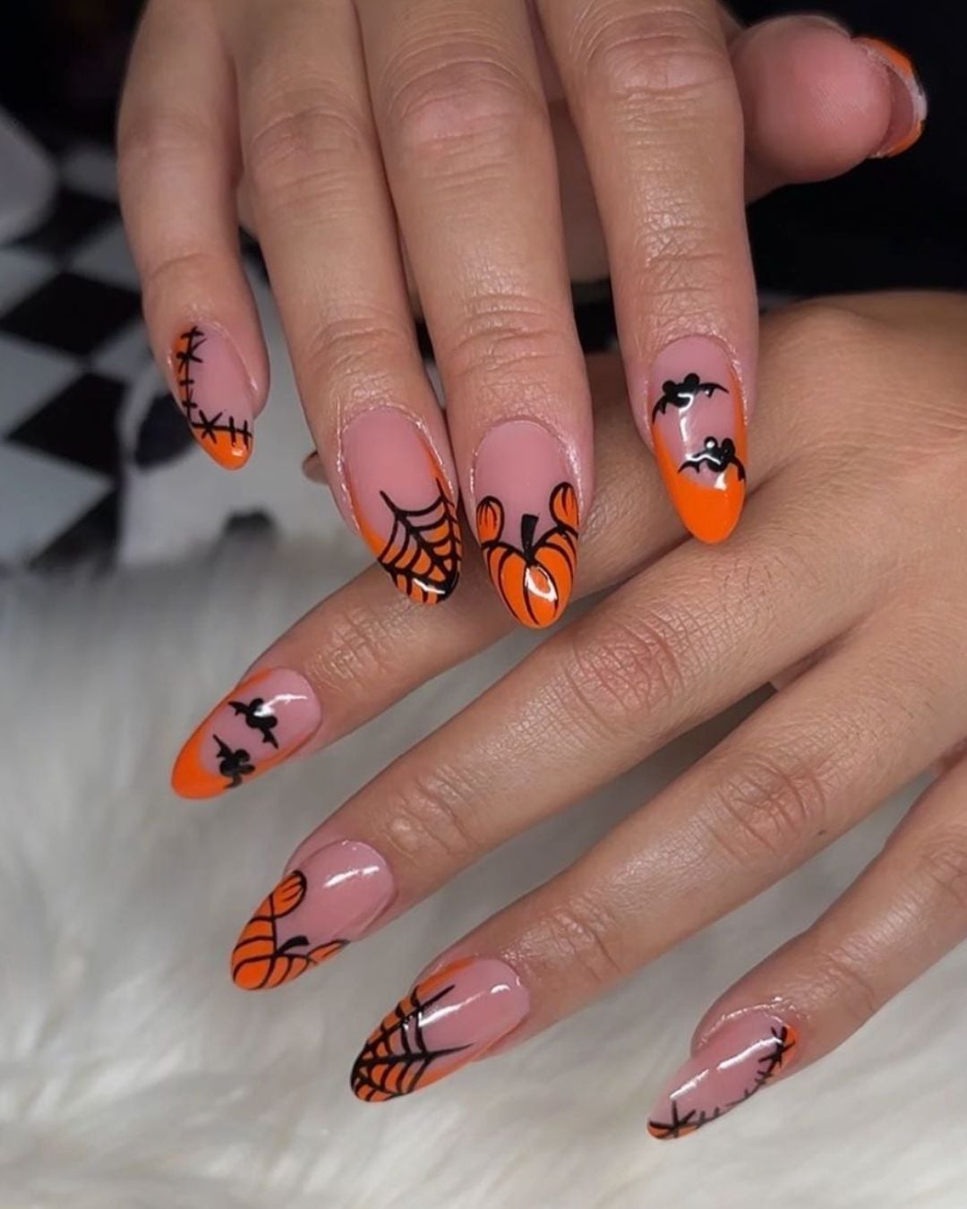 Medium Almond Orange French Tips with Art Medium Almond Orange French Tips with Art — Disney Nails