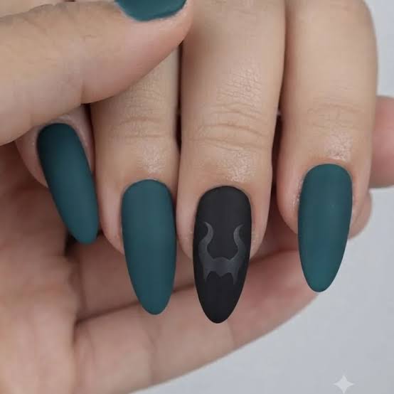 Matte Deep Teal Short Almond with Symbol Matte Deep Teal Short Almond with Symbol — Disney Nails