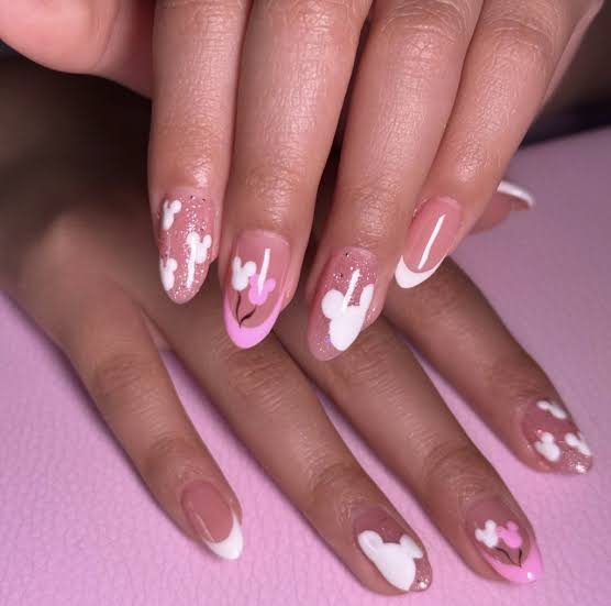Medium Almond French with Mickey Silhouettes, Glossy Medium Almond French with Mickey Silhouettes, Glossy — Disney Nails