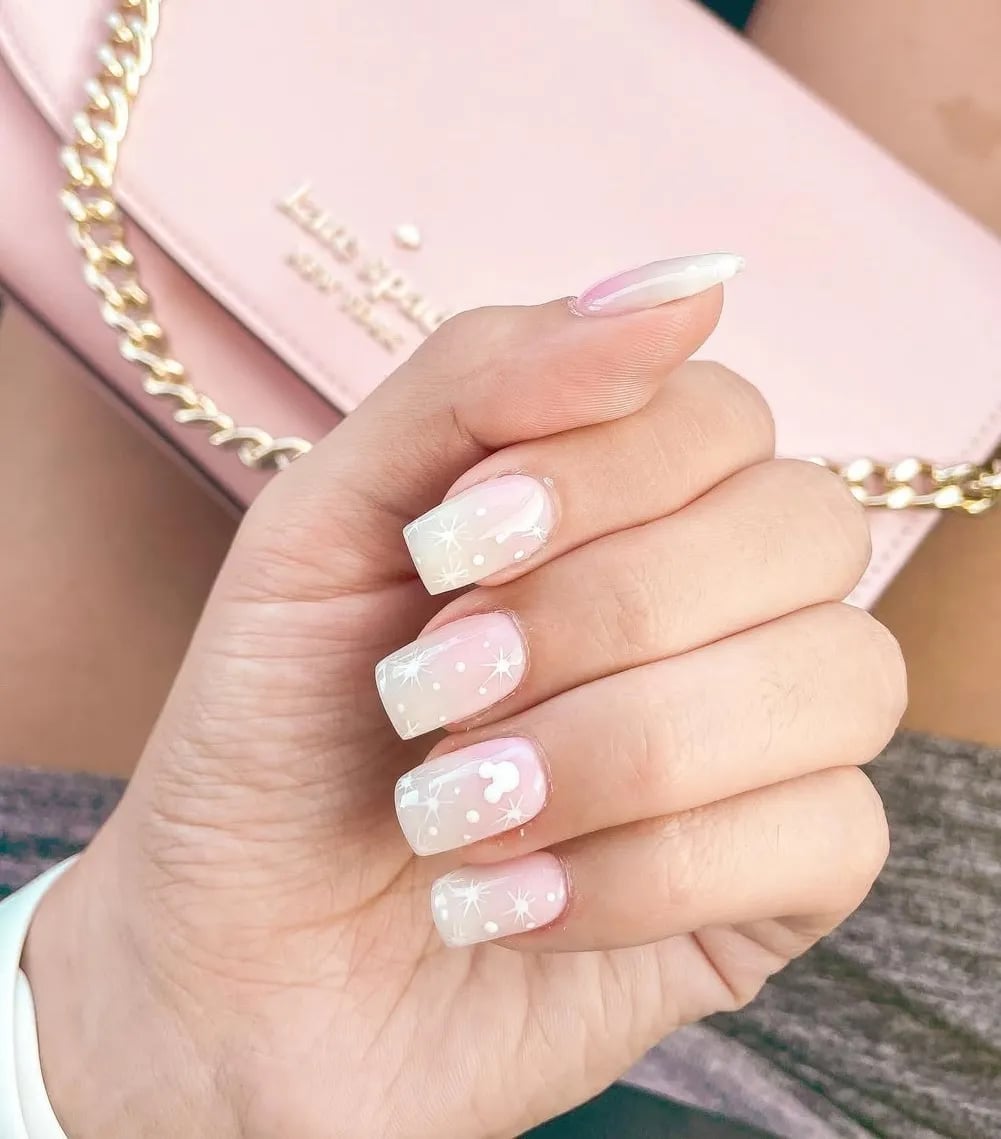 Short Square Pink and White Gradient, Glossy With Glitter Short Square Pink and White Gradient, Glossy With Glitter — Disney Nails