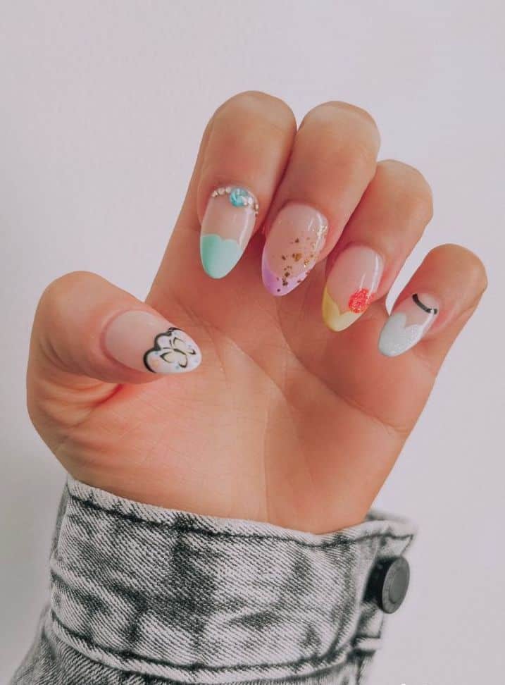 Short Almond Pastel French Tips with Foil Short Almond Pastel French Tips with Foil — Disney Nails