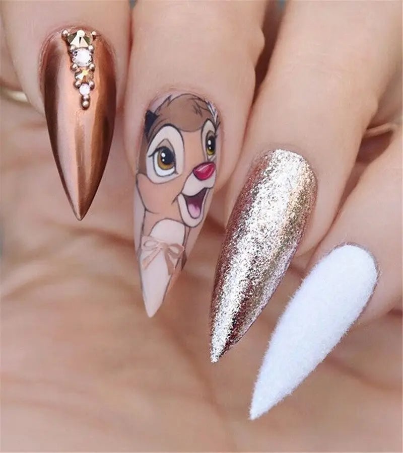 Medium Stiletto Rose Gold Chrome and Bambi Medium Stiletto Rose Gold Chrome and Bambi — Disney Nails