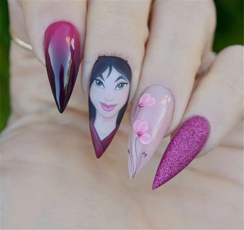 Long Stiletto Mulan Portrait and Gradient Long Stiletto Mulan Portrait and Gradient — Disney Nails