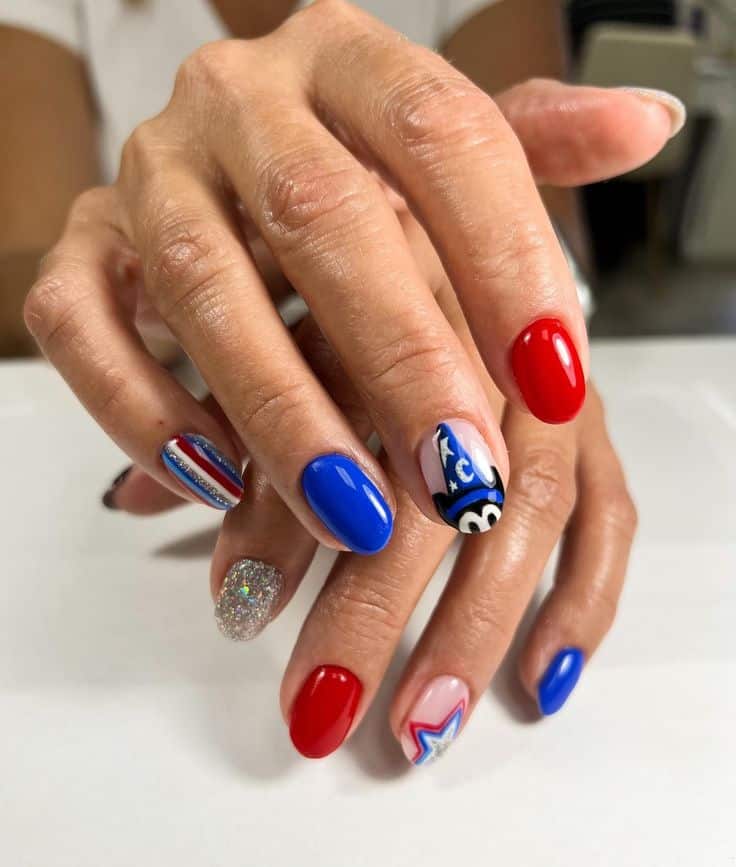 Medium Oval Red Blue White with Stars Medium Oval Red Blue White with Stars — Disney Nails