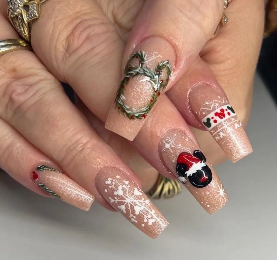 Long Coffin Nude with Christmas Designs Long Coffin Nude with Christmas Designs — Disney Nails