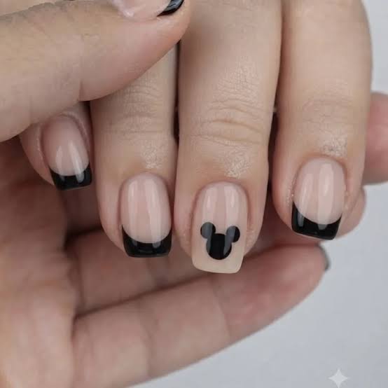 Sheer Nude Short Square with Black French Sheer Nude Short Square with Black French — Disney Nails