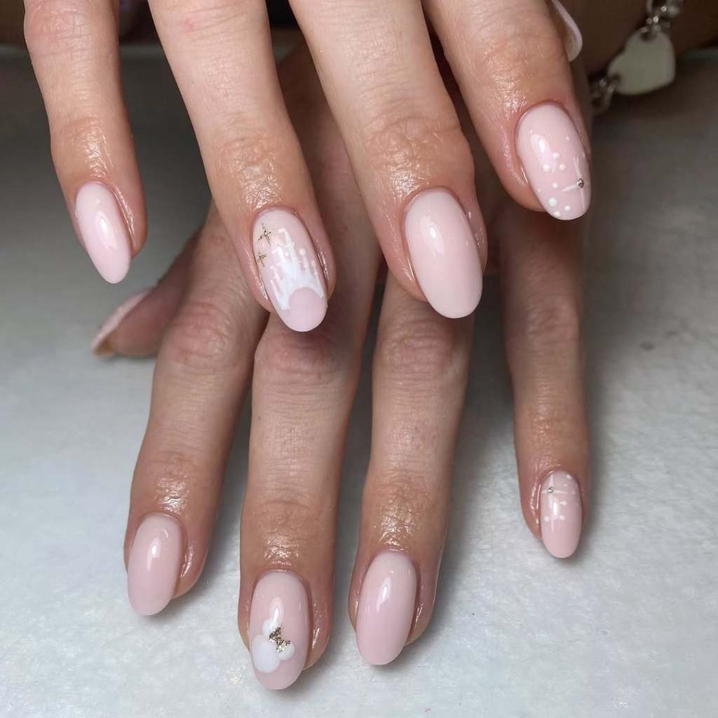 Pale Pink Short Oval with Castle Silhouettes Pale Pink Short Oval with Castle Silhouettes — Disney Nails