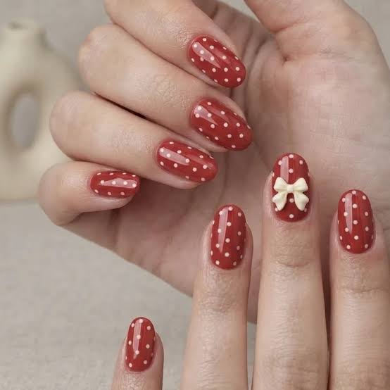Vibrant Red Short Oval with White Polka Dots Vibrant Red Short Oval with White Polka Dots — Disney Nails
