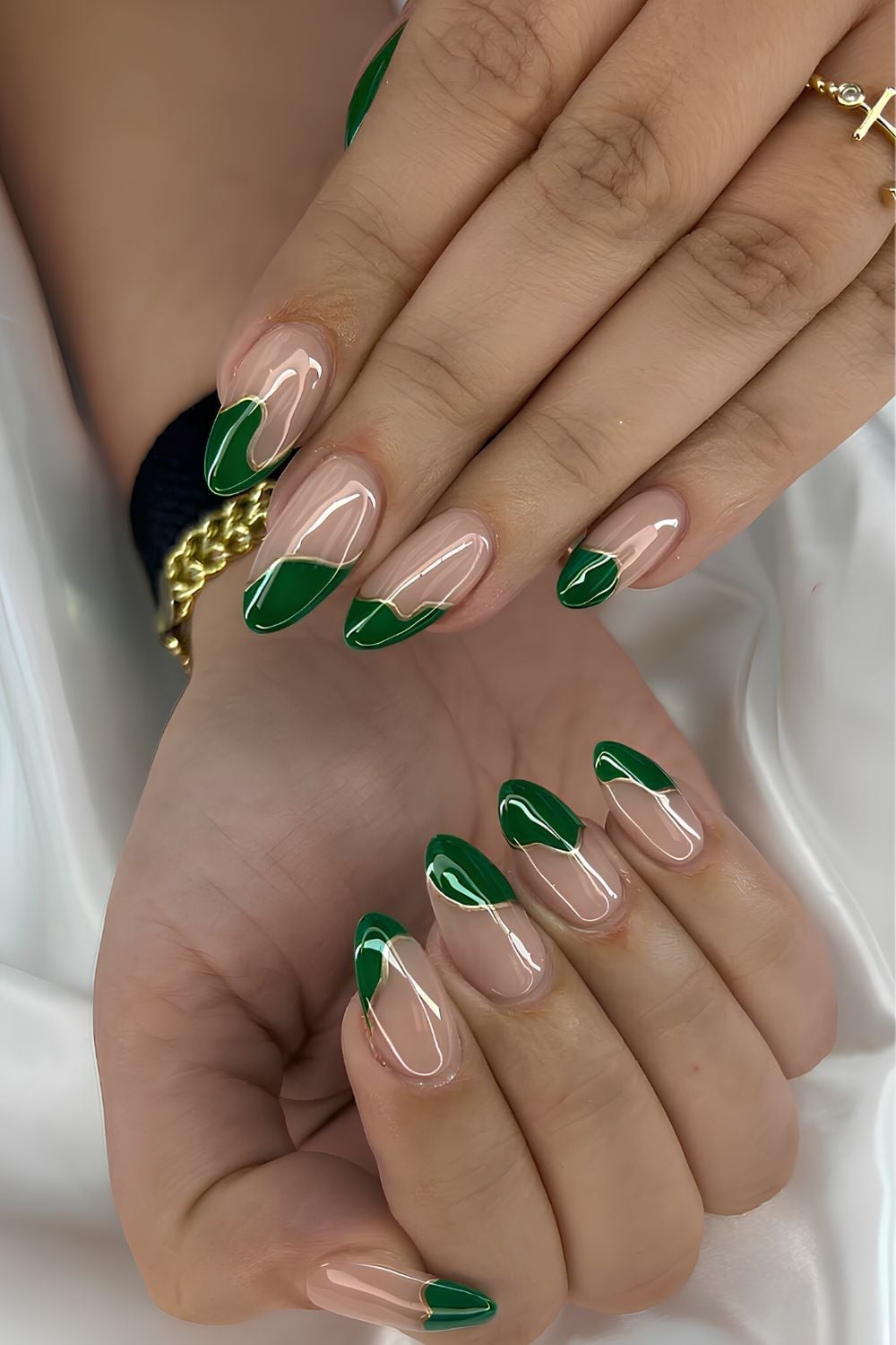Medium Almond Nude With Emerald Half Moon Tips — Emerald Nails
