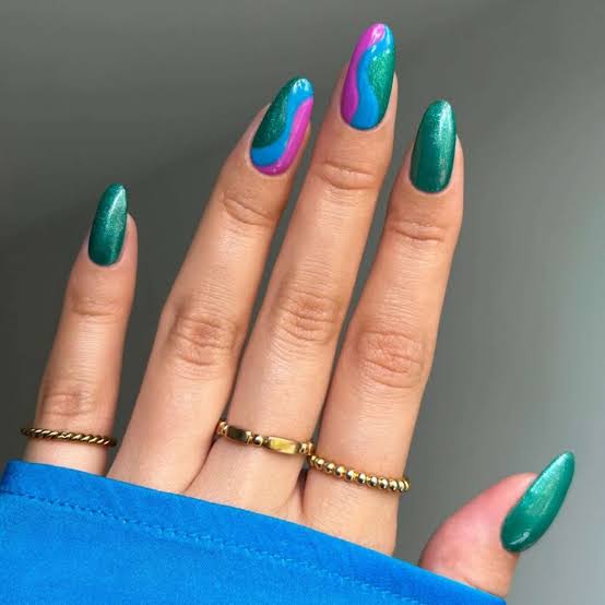Medium Almond Emerald Blue Pink Swirls — Emerald Nails