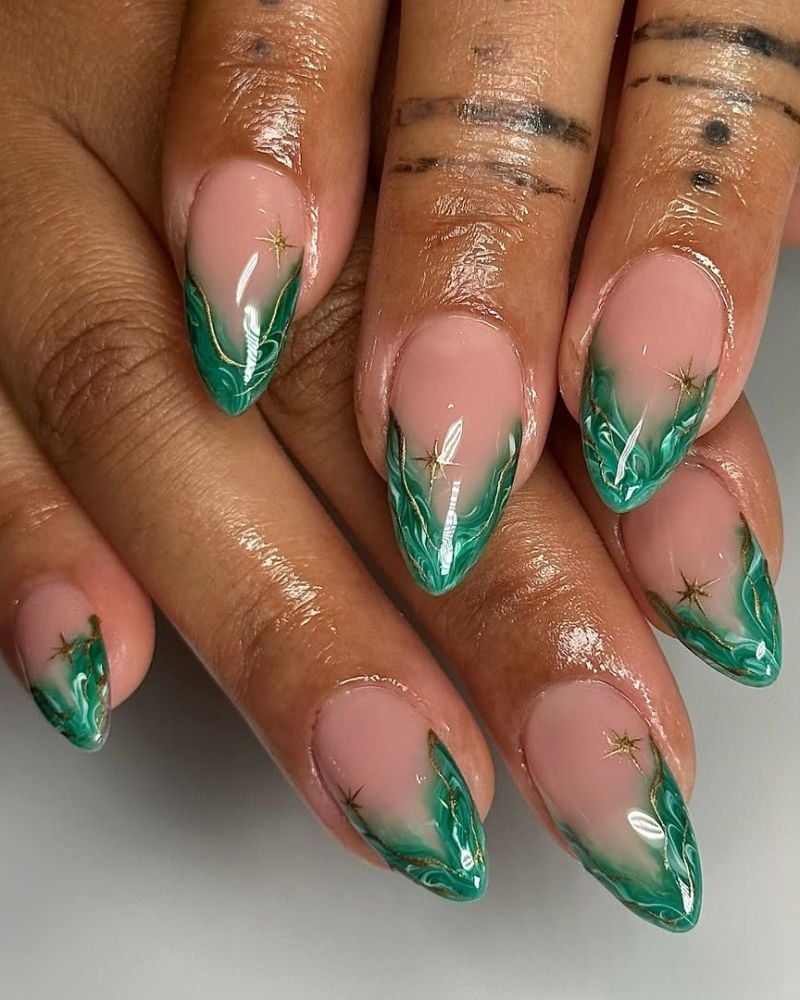 Medium Almond Swirled Emerald Gold Art Stars, Sheer Nude Base — Emerald Nails