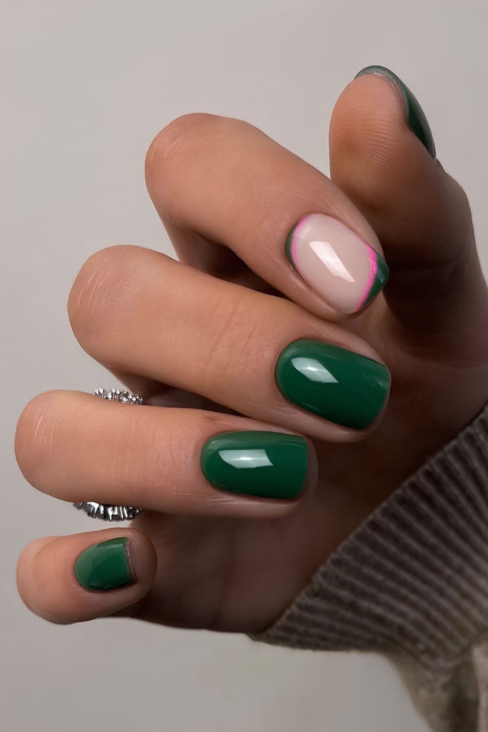 Short Square Solid Emerald With Pink Outline — Emerald Nails