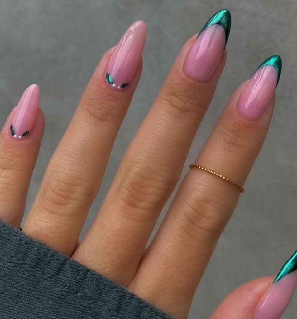 Long Stiletto Emerald French Tips With Pearls — Emerald Nails