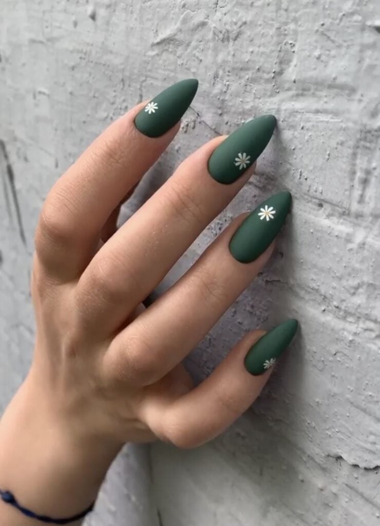 Long Almond Matte Deep Green Floral Accents — Emerald Nails