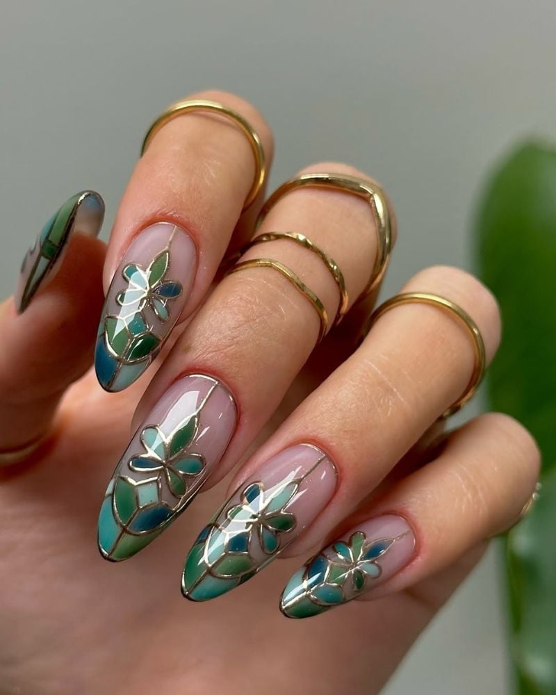 Medium Almond Floral Emerald Teal With Gold — Emerald Nails