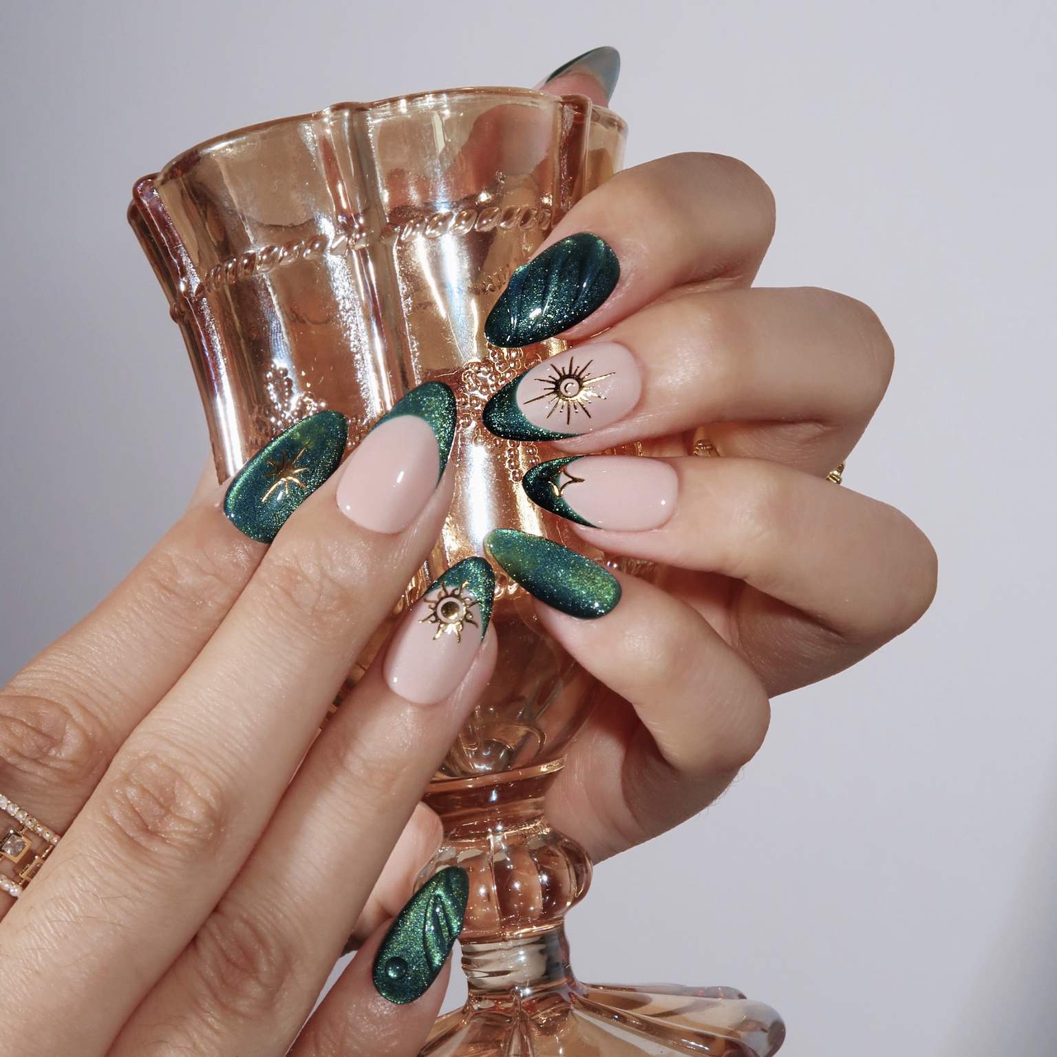 Medium Almond Green French Tips With Gold Sunburst — Emerald Nails
