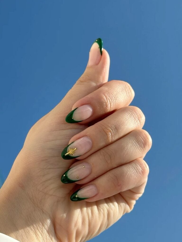 Medium Almond Green French Tips With Gold Star, Sheer Nude Base — Emerald Nails