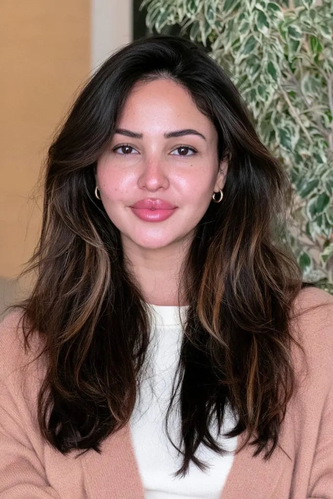 Mid-Back Espresso With Warm Balayage, Long Layers — Espresso Hair