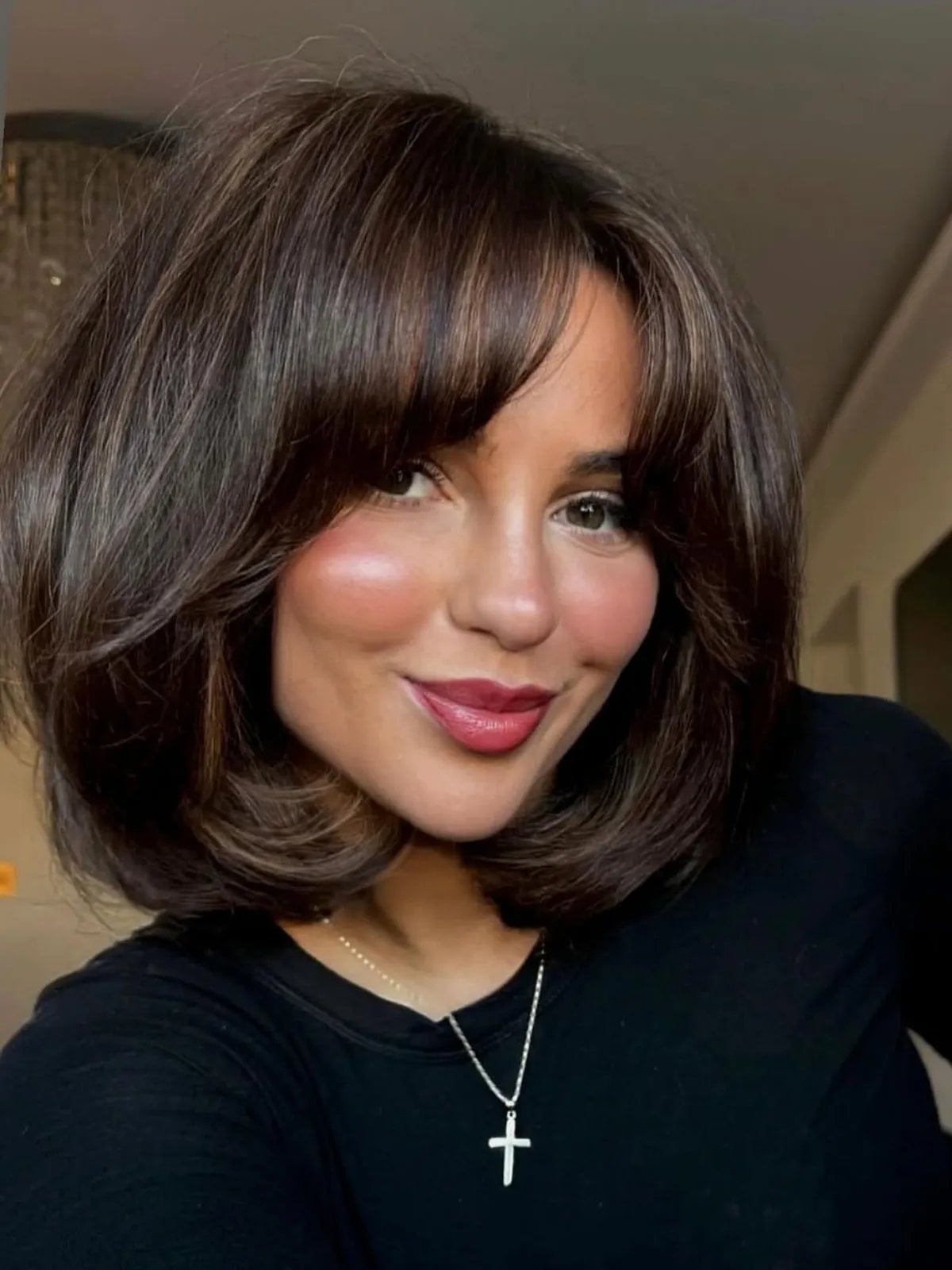 Chin Length Espresso Bob With Blunt Bangs — Espresso Hair